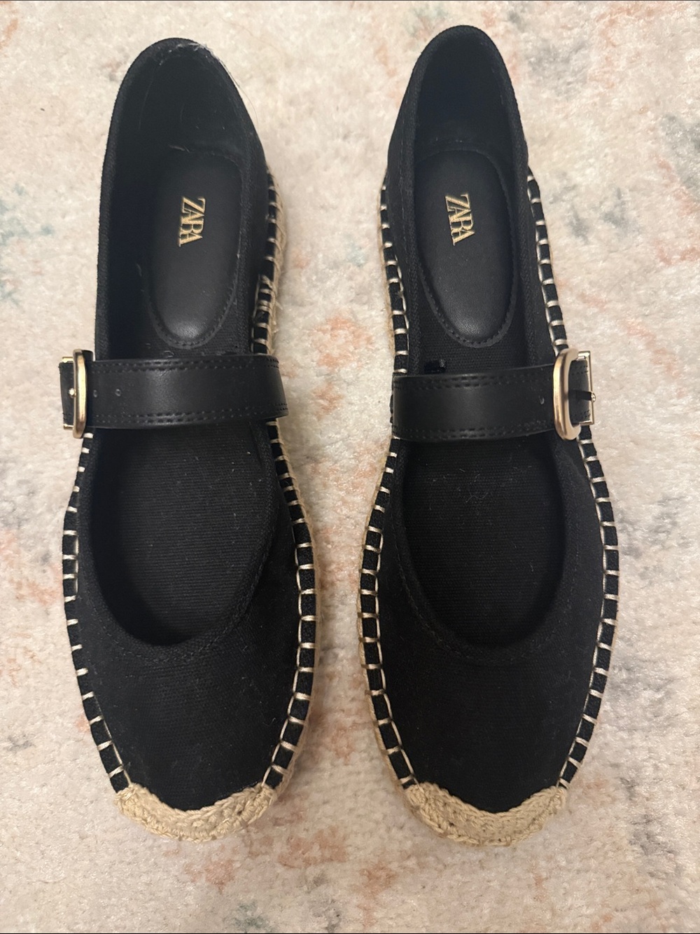 Zara Black Espadrille Mary Jane Flats with Gold Buckle